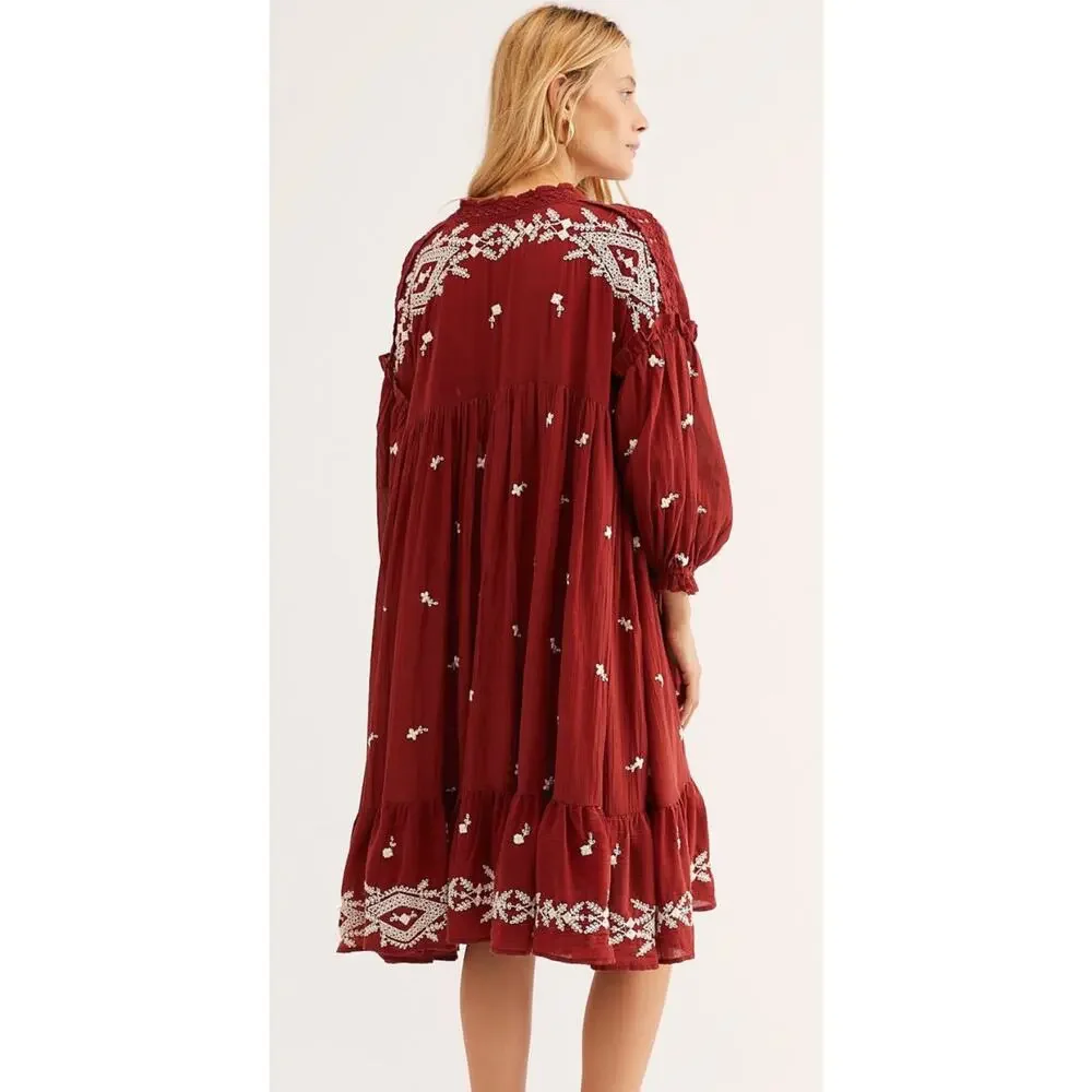 Free People Maroon Embroidered Flowy Boho Midi Dress